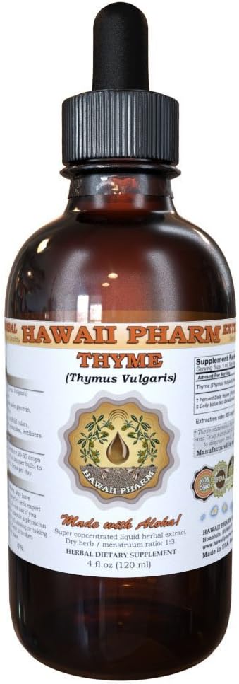 Time Liquid Extract, Organic Thyme (Thymus Vulgaris) Tincture, Herbal Supplement, Hawaii Pharm, Made in USA, 4 fl.oz