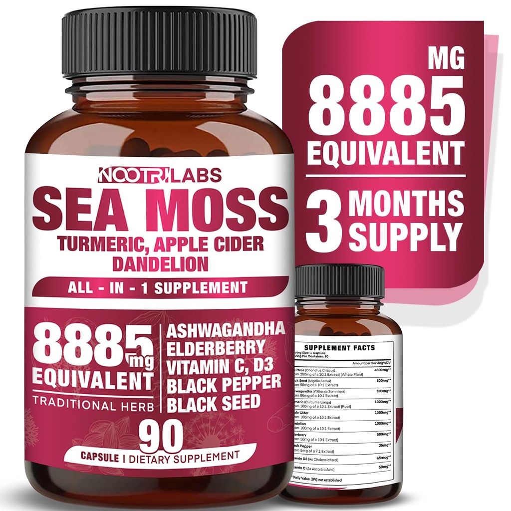 All-in-1 8885mg Sea Moss de alta potencia, Semilla negra, Ashwagandha, Turmeric, Apple Cider Vinegar, Dandelion with Elderberry, Vitamina C & D3 - Immune, Energy Support Supplement - 90 Vegan Capsules