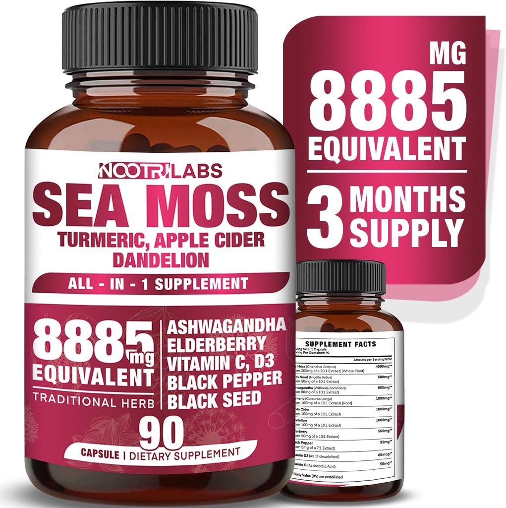 All-in-1 8885mg Sea Moss de alta potencia, Semilla negra, Ashwagandha, Turmeric, Apple Cider Vinegar, Dandelion with Elderberry, Vitamina C & D3 - Immune, Energy Support Supplement - 90 Vegan Capsules