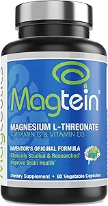 Magtein - Magnesium L-Threonate Supplement, Memory, Focus, Sleep & Brain Health Formula for Men & Women, Cognitive Support for Adults, Clinically Researched - 60 Veg Capsules