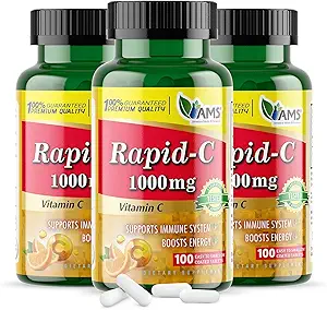 America Medic &amp; Science Rapid-C 1000mg Vitamina C Suplemento (3 Pack of 100 Tablets) Energy Booster, Daily Immune System Support, Antioxidant ¦ Vegan, Non-GMO Coated Ascorbic Acid for Adult Men &amp; Women