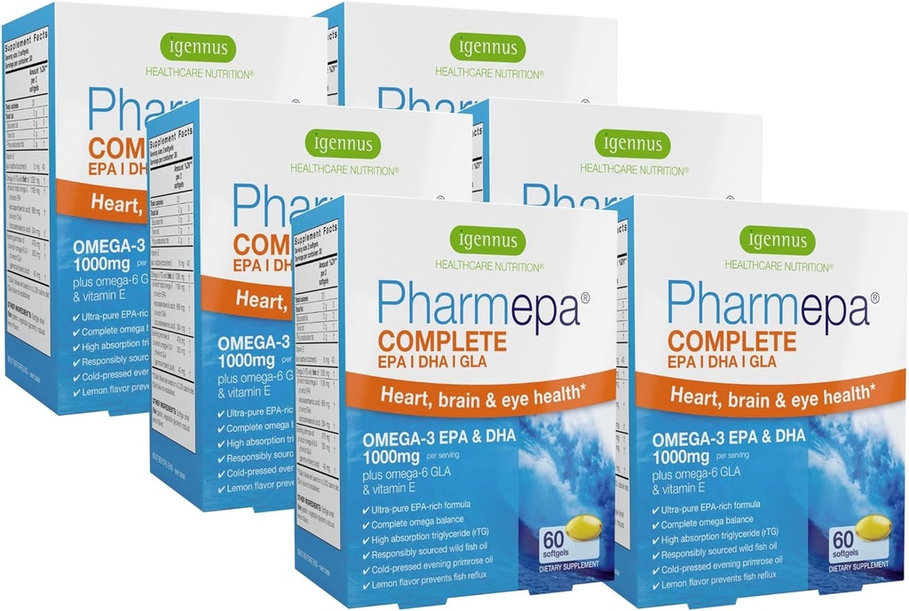 Igennus Pharmepa Complete EPA 668mg &amp; DHA 334mg Omega-3 Fatty Acids 1000mg, IFOS Certified, rTG Form, High Potency Fish Oil Plus Omega-6 > 9 de GLA Evening Primrose Oil, Lemon Flavor, 360 Softgels