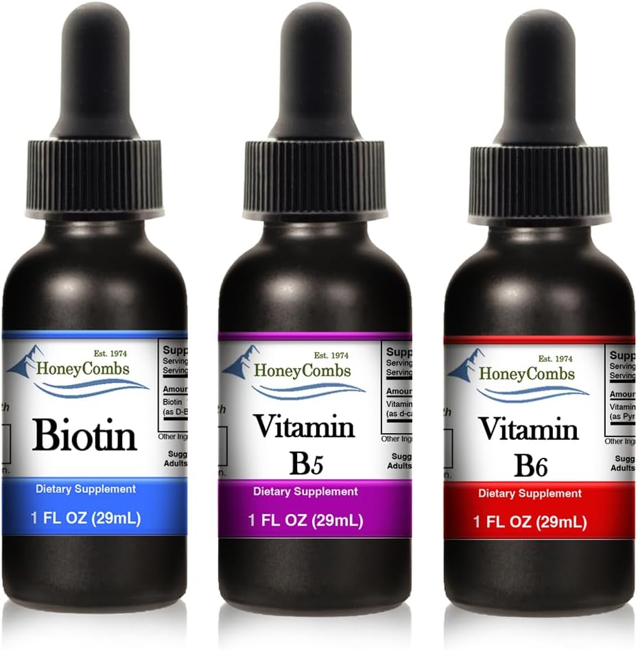 HoneyCombs Liquid Drops 1oz Cada Ahorra 10% - Vitamina B7 (Biotina) + Vitamina B5 (Acido Pantotenico) + Vitamina B6 (Pyridoxina)