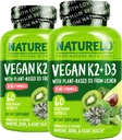 NATURELO Vitamin D3 K2 - Vegan K2+D3 con base vegetal D3 de Lichen - Natural D3 Suplemento para el sistema inmunológico, soporte de huesos, salud cardíaca - alimentación integral - no GMO - Gluten Free, 60 cápsulas (Pack of 2)