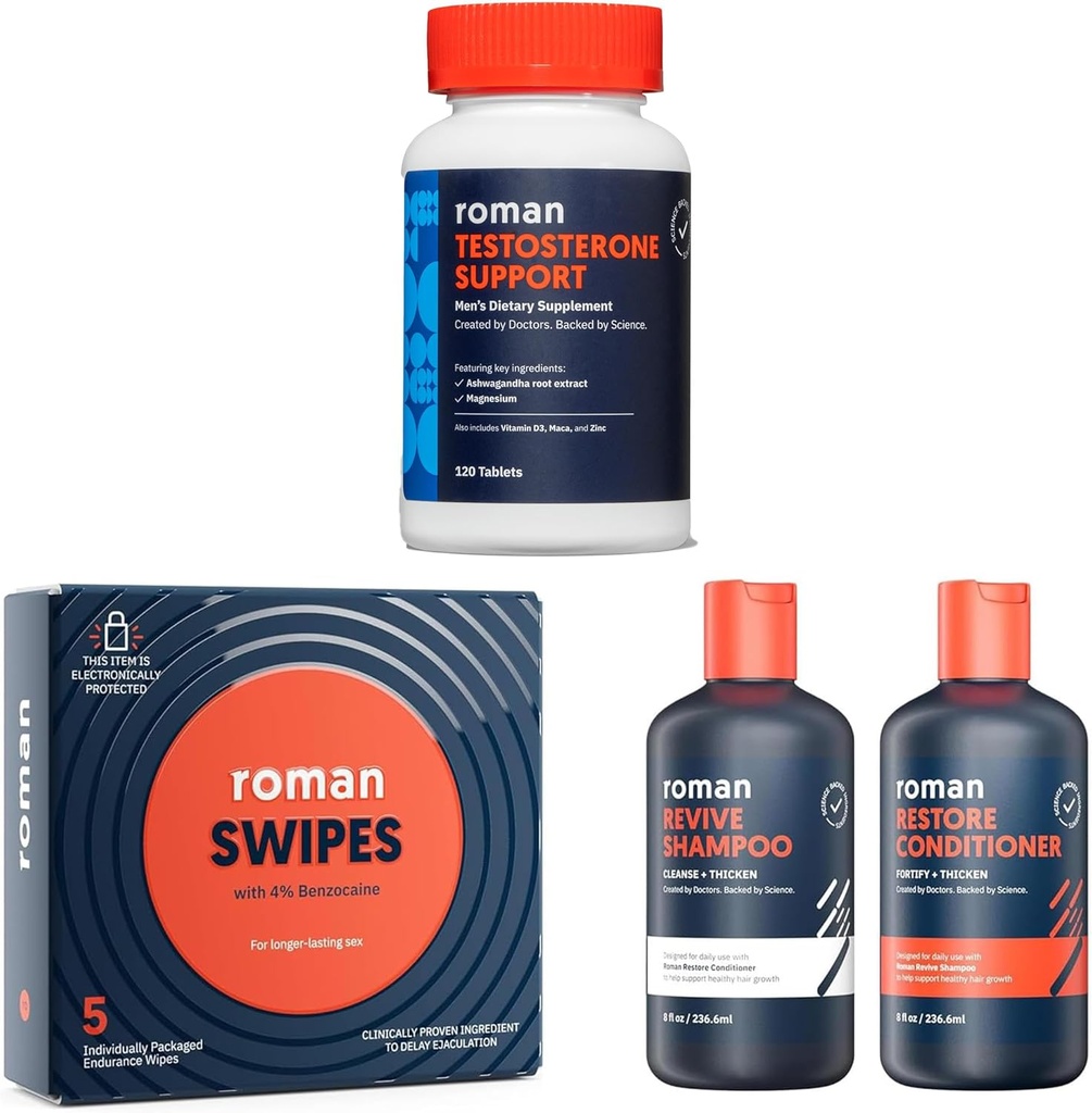 ROMAN Hombres Wellness Bundle ← Testosterone Support Suplemento, Fast-Acting Swipes for Stamina, y Revive Shampoo & Conditioner Duo for Thicker-Looking Hair Kit de Cuidado de Hombres
