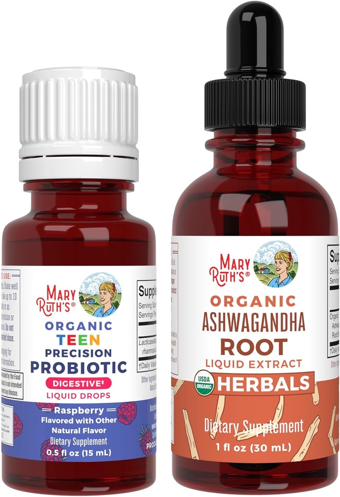 MaryRuth Organics Precision Probiotic Drops for Teens (Raspberry) & Ashwagandha Drops TEN USDA Organic TEN Vitamins for Gut Health, Relaxation, &amp; Global Wellness ← Vegan, Non-GMO, Gluten Free
