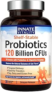 Probióticos de Vitality Innato 120 Billion CFUs for Men &amp; Women, 34 Strains with Prebiotics & Digestive Enzymes, Immune & Digestive Health, Delayed Release, Shelf Stable, 30 Vegan Capsules