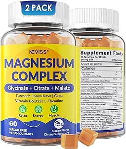 Magnesium Complex Gummies 400mg, Magneisum Glycinate Citrate Malate + Turmeric, GABA, B6 B12, Kava Kava, L-Theanine for Sleep, Calm, Relax, Energy, Magnesium Gummies for Women Men, Vegan, 2 Pack