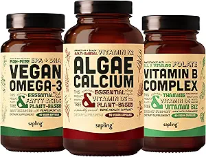 Algae Calcium & Vegan Omega 3 &amp; Vitamina B Complex Bundle - Suplemento calcium de Alga roja, base vegetal DHA &amp; EPA ácidos grasos, vitaminas B esenciales