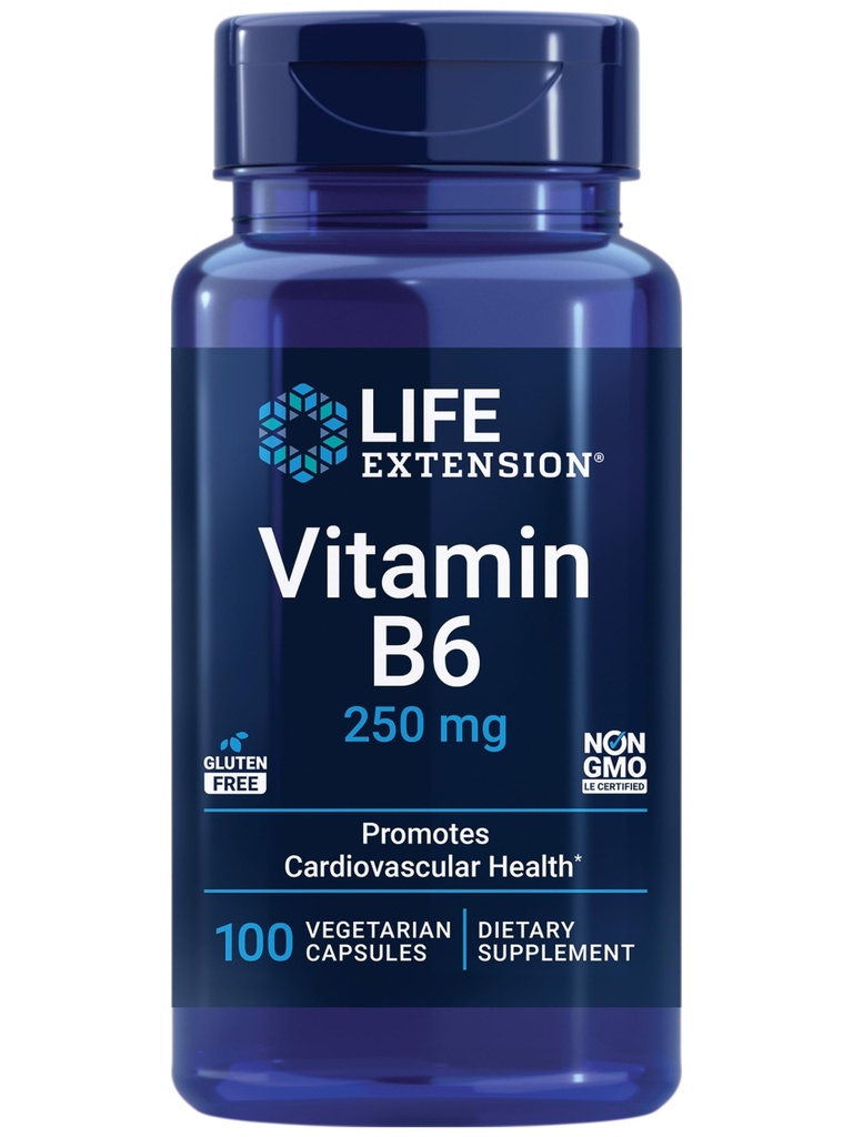 Extensión de la vida Vitamina B6, 250 mg, alta potencia, salud cardiovascular, salud neurológica, salud ocular, función del riñón saludable, libre de gluten, no transgénico, vegetariano, 100 cápsulas