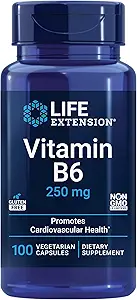 Extensión de la vida Vitamina B6, 250 mg, alta potencia, salud cardiovascular, salud neurológica, salud ocular, función del riñón saludable, libre de gluten, no transgénico, vegetariano, 100 cápsulas