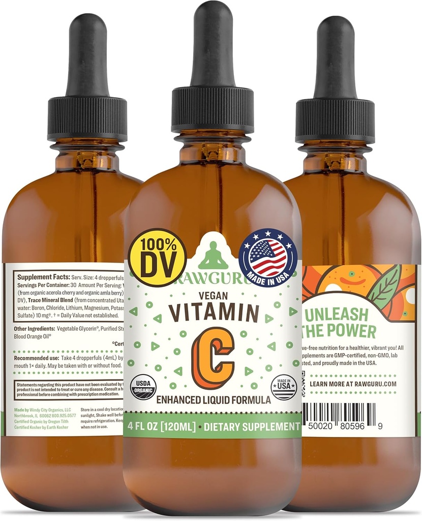 RawGuru Vitamina Orgánica C Tintura - Vitamina Líquida C con Minerales Trace - Antioxidante Procesado de Nano &amp; Complemento de Apoyo Inmunitario Tintura - 30 Servimientos de gotas Veganas por 120 ml, Pack de 1