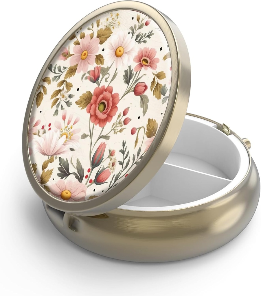 Pill Case Pill Box with Mirror Retro 3 Compartment Small Pill Case for Purse or Pocket Bronze Small Roud Pill Box or Vitamins, Fish Oil, Supplements, Pill Containe Travel Gifts(Retro Red Flowers)