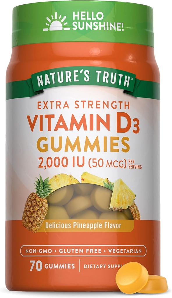 La verdad de la naturaleza Vitamina D3 Gummies ANTE 2000 UI TENIDO 70 Conde ANTE Pineapple Flavor TEN VENTA Vegetariano, No GMO y Gluten Suplemento Libre