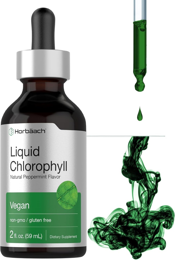 Horbäach Liquid Chlorophyll Drops  2 oz ← Vegan, Non-GMO, y Gluten Free Formula ← Natural Peppermint Flavor