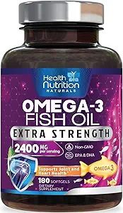 Omega 3 Fish Oil 2400 mg - Triple Strength Omega3, EPA & DHA Fatty Acids Supplement - Natural Support for Immune, Heart & Brain Health - Wild Caught, Non-GMO, Lemon Flavor, Burpless - 180 Softgels