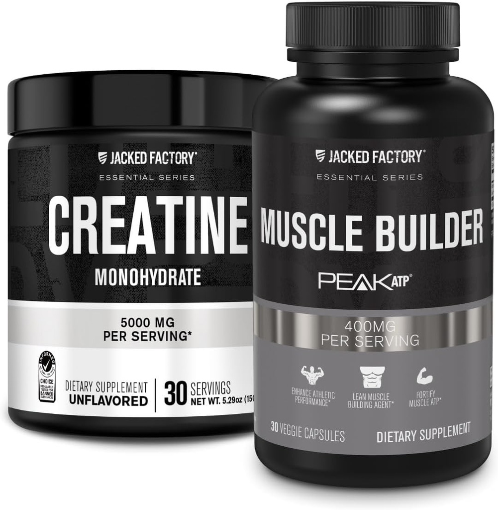 Funda de Monohidrato de Monohidrato de Fábrica Jacked 150g - Suplemento de Creatina para el Crecimiento del Musculo, Aumento de la Fuerza &amp; Esenciales Muscle Builder - Daily Muscle Builder con PeakATP (30 cápsulas)