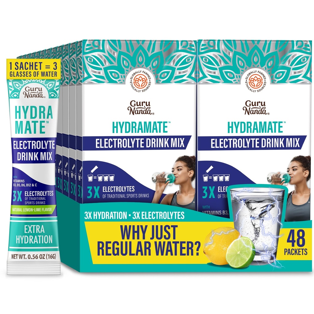 GuruNanda Hydramate Hydration Support Drink Mix - Electrolyte Powder Packets for Dehydration, Exercise & Energy - No Añadido Sweeteners, Non-GMO, Natural Lemon Lime Flavor - 48 Conteo (0,56 oz Cada uno)