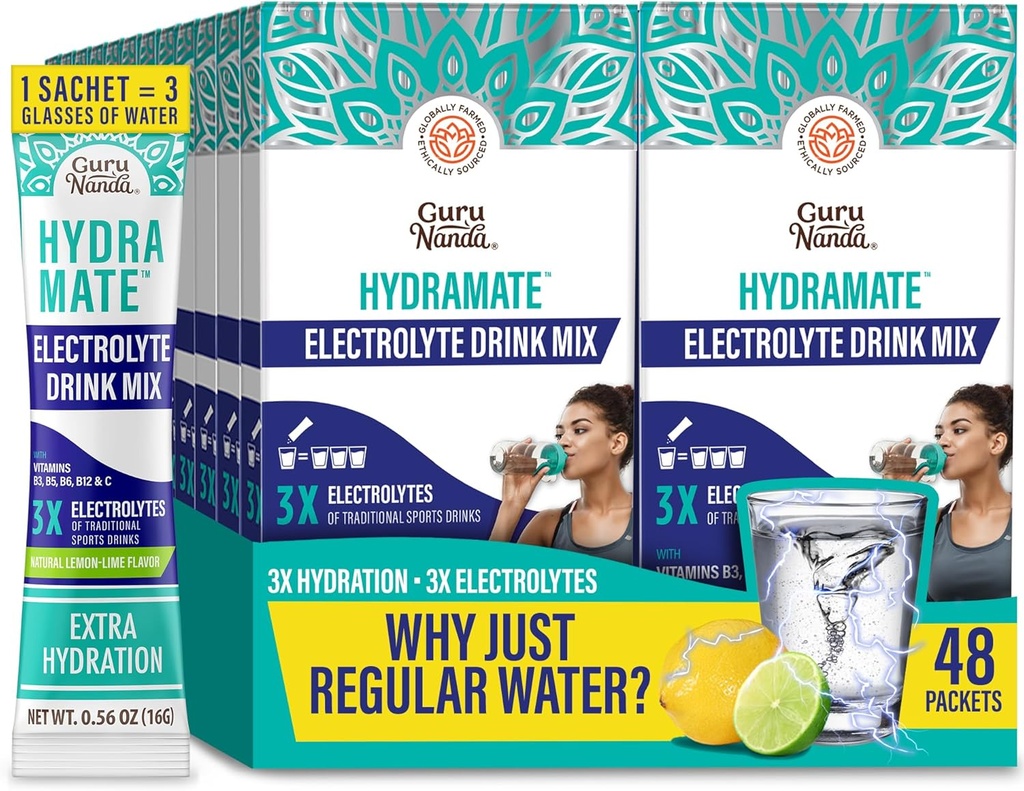 GuruNanda Hydramate Hydration Support Drink Mix - Electrolyte Powder Packets for Dehydration, Exercise & Energy - No Añadido Sweeteners, Non-GMO, Natural Lemon Lime Flavor - 48 Conteo (0,56 oz Cada uno)