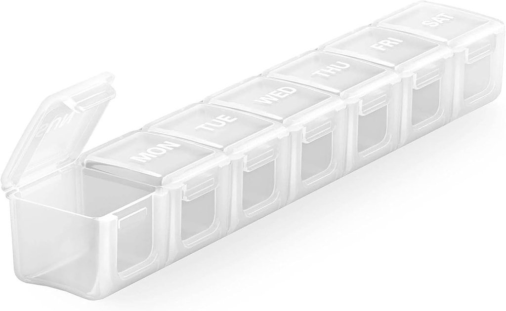 Sukuos Extra Large Weekly Pill Organizer, 7 Day Daily Pill Box Artritis Friendly, Silkscreen Printed Medicine Container with Clear Lid for Vitamins, Fish Oils or Supplements (White)