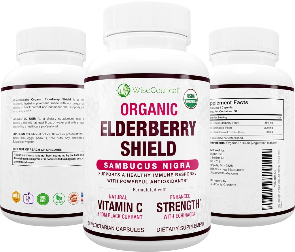 Max Strength USDA Organic Black Elderberry, Black Currant Extract " Echinacea Silencioso 3 en 1 Natural Immune Support " Vitamin C ← Sugar-Free, Vegan-Friendly