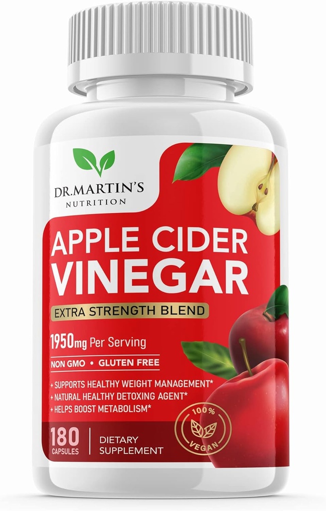 Pure 1950mg Apple Cider Vinegar Suplemento Silencio 180 Capsules ← No Sour Taste Silenciosos para Metabolismo Saludable, Bloating &amp; Energy ← Detox &amp; Digestion Soporte Anterior Non-GMO, Gluten Free TEN 100% Natural &amp; Raw