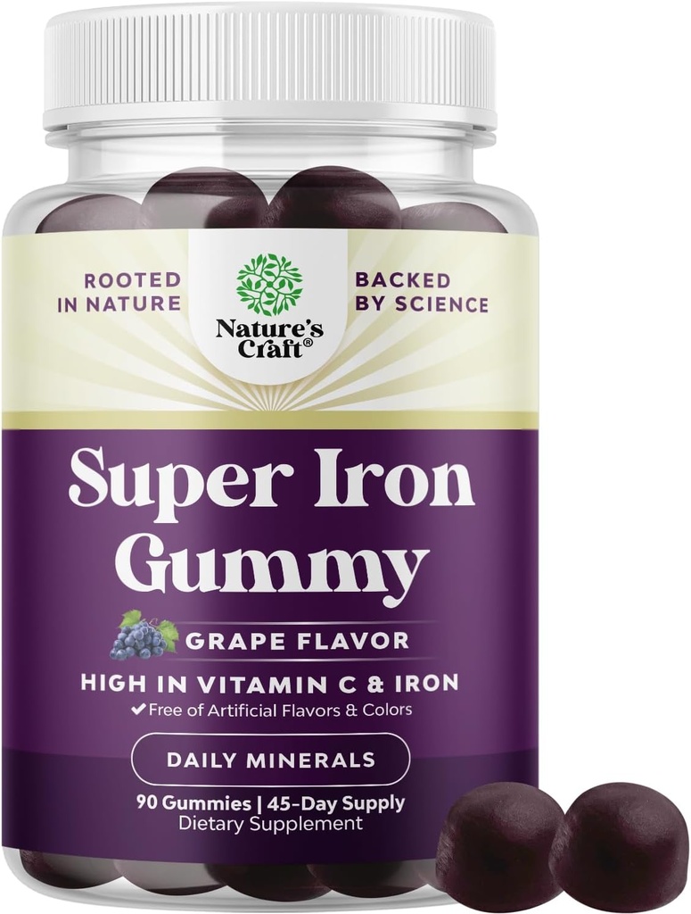 Gummies de Hierro Extrastreza para Mujeres y Hombres - Potente 45 mg por Servir Suplemento Chewable para Mujeres y Hombres con Vitamina C para la Absorción Superior - Vegan Daily Iron Gummy Sin Sabores Artificiales
