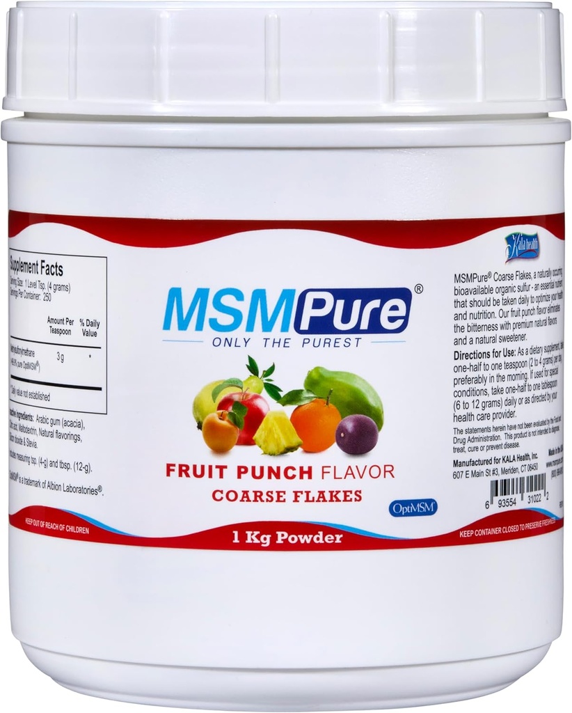 KALA HEALTH MSMPure Fruit Punch Flakes de pólvora de MSM tosca – MSM de EE.UU. para salud conjunta, apariencia de piel y soporte de uñas de pelo – 2.2 lb, azufre orgánico