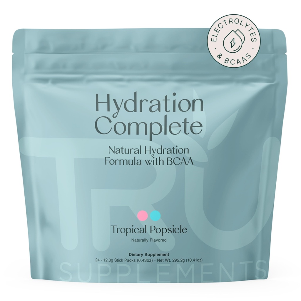 TRU Suplementos Hidration Complete BCAA, Plant Based Amino Amino Acids + Pink Himalayan Salt, Electrolytes & L-Carnitine, Vegan, Zero Calories, Sin edulcorantes artificiales, 24 Servings, Tropical Popsicle