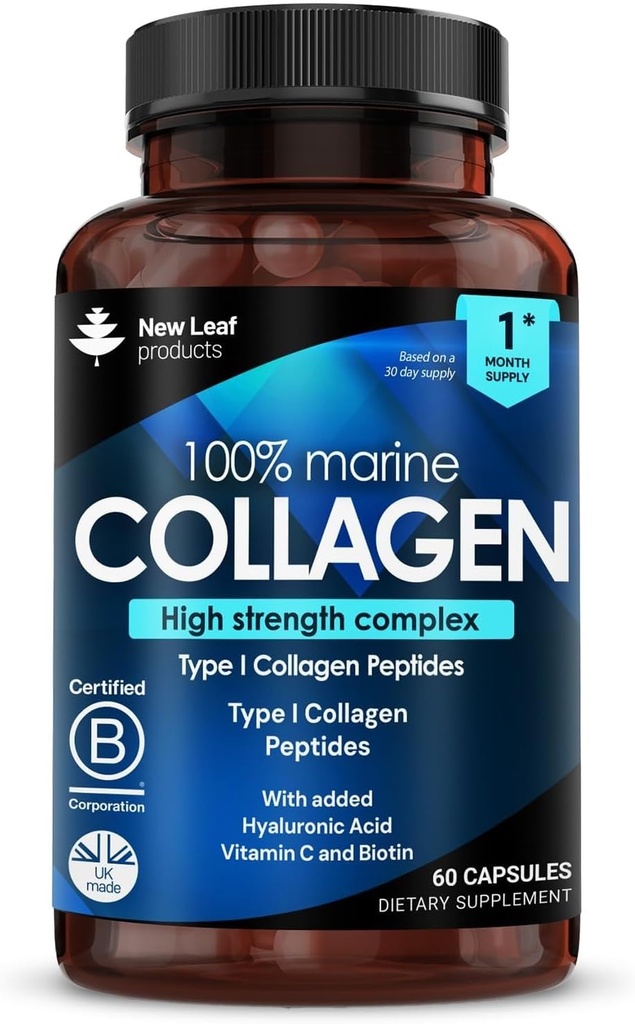 Collagen marino puro 100% Collagen marino Tipo 1 1300mg - Péptidos de colágeno hidrolizado mejorado con ácido hialurónico & vitamina C, suplementos de colágeno de alta resistencia para mujeres y hombres, 60 tabletas