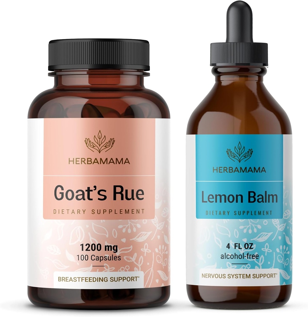 HerbAMAMA Goat's Rue and Lemon Balm Kit - Bundle of 1200 mg Goat's Rue Capsules " Lemon Balm Liquid Drops 4 fl oz - Vegan, Non-GMO, Sugar " Alcohol-Free - 2 Pack