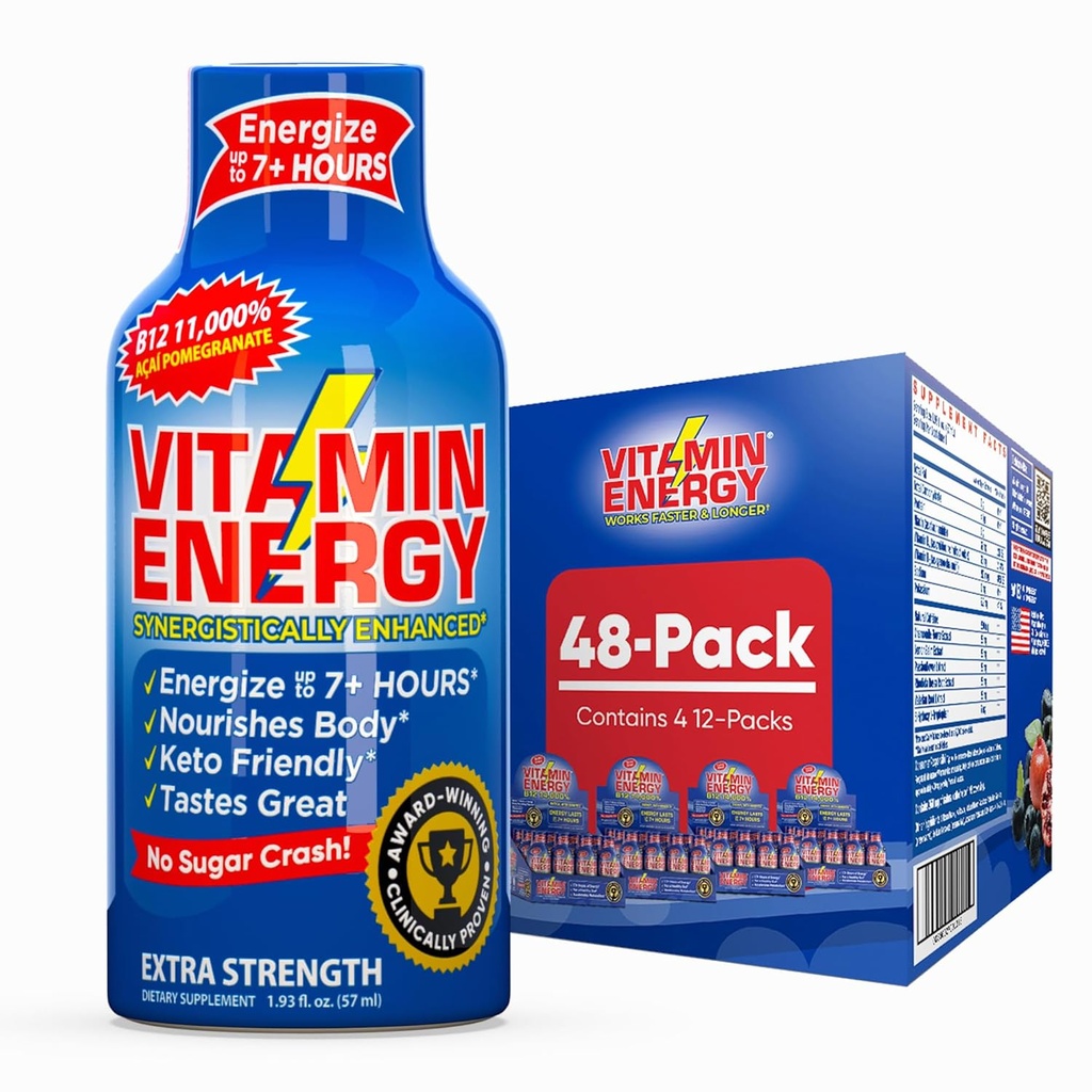 Vitamin Energy B12 11,000% Extra Strength Energy Shot Açaí Pomegranate 48 Pack, 260mg Natural Caffeine, B12 & B6, Nootropic Focus, Vitality, Zero Sugar, Gluten-Free, Vegan, Kosher, 1.93 fl oz