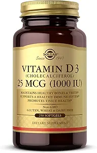 Solgar Vitamina D3 (Cholecalciferol) 25 MCG (1000 UI), 250 Softgels - Ayuda a mantener los huesos saludables " dientes - Apoyo al sistema inmunológico - No GMO, sin gluten, sin lácteos - 250 Actuaciones