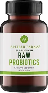 Antler Farms - Raw Probiotics for Digestive Health 60 Billion CFU, 60 cápsulas - Prebióticos &amp; Probióticos con Enzymes Digestivos, 100% Vegan, No GMO, Estante-Estable para Hombres y Mujeres