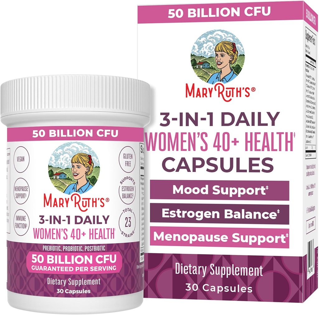 MaryRuth Organics 3-in-1 Daily Health 40+ Probióticos para las mujeres sometidas clínicamente probados Silencio Estrógeno Suplemento para las mujeres ← 50 Billion CFU ← Allergen Gratis ← 30 ct
