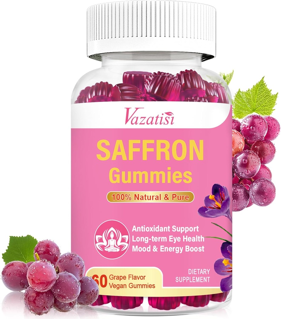 Natural Saffron Gummies - Suplemento Saffron Gratuito de Azúcar con Saffron Extract 100 mg, Magnesium, GABA, Rhodiola - Mood TEN Enfoque ANTE Visión Silencioso Apoyo Energético - NonGMO Vegan - 60 Gummies, 30 Day Supply