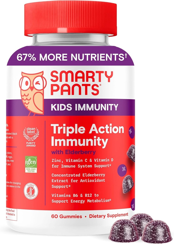 SmartyPants Kids Immunity Elderberry Gummies: Kids Immune Support Supplement, Vitamina C, Vitamina D, Vitamina B6 &amp; B12 y Zinc, Gluten Free, Elderberry Flavor, 60 Cuenta (30 Day Supply)
