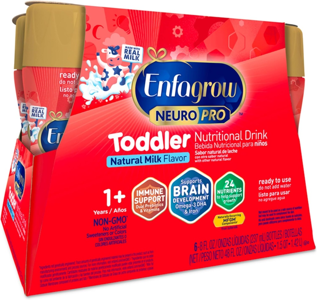 Enfagrow NeuroPro Toddler Nutritional Drink, Made with Real Milk, Brain-Building Omega-3 DHA, Nutrientes y Prebióticos para el crecimiento &amp; Immune Support, Non-GMO, Toddler Milk Powder, 8 Fl Oz, 6 Conde