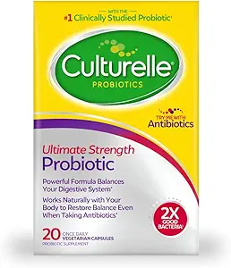 Culturelle Ultimate Strength Probiotic for Men and Women, Most Clinically Studied Probiotic Strain, 20 Billion CFUs, Supports Occasional Diarrhea, Gas &amp; Bloating, Non-GMO, 20 Cuenta