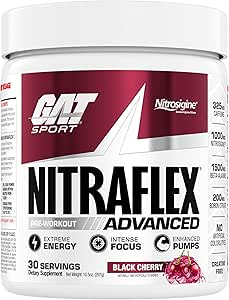 GAT SPORT Nitraflex Advanced Pre-Workout Powder, aumenta el flujo sanguíneo, aumenta la fuerza y la energía, mejora el rendimiento del ejercicio (Black Cherry, 30 servicios)