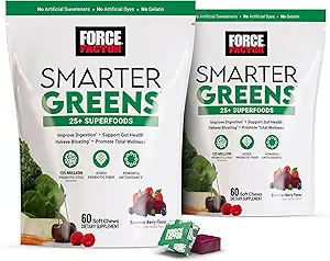 FORCE FACTOR Smarter Greens Superfood Chews, 2-Pack, Greens and Superfoods with Probiotics, Antioxidants, and Fiber, Greens Supplement to Support Digestion, Nitric Oxide, and Energy, 120 Soft Chews