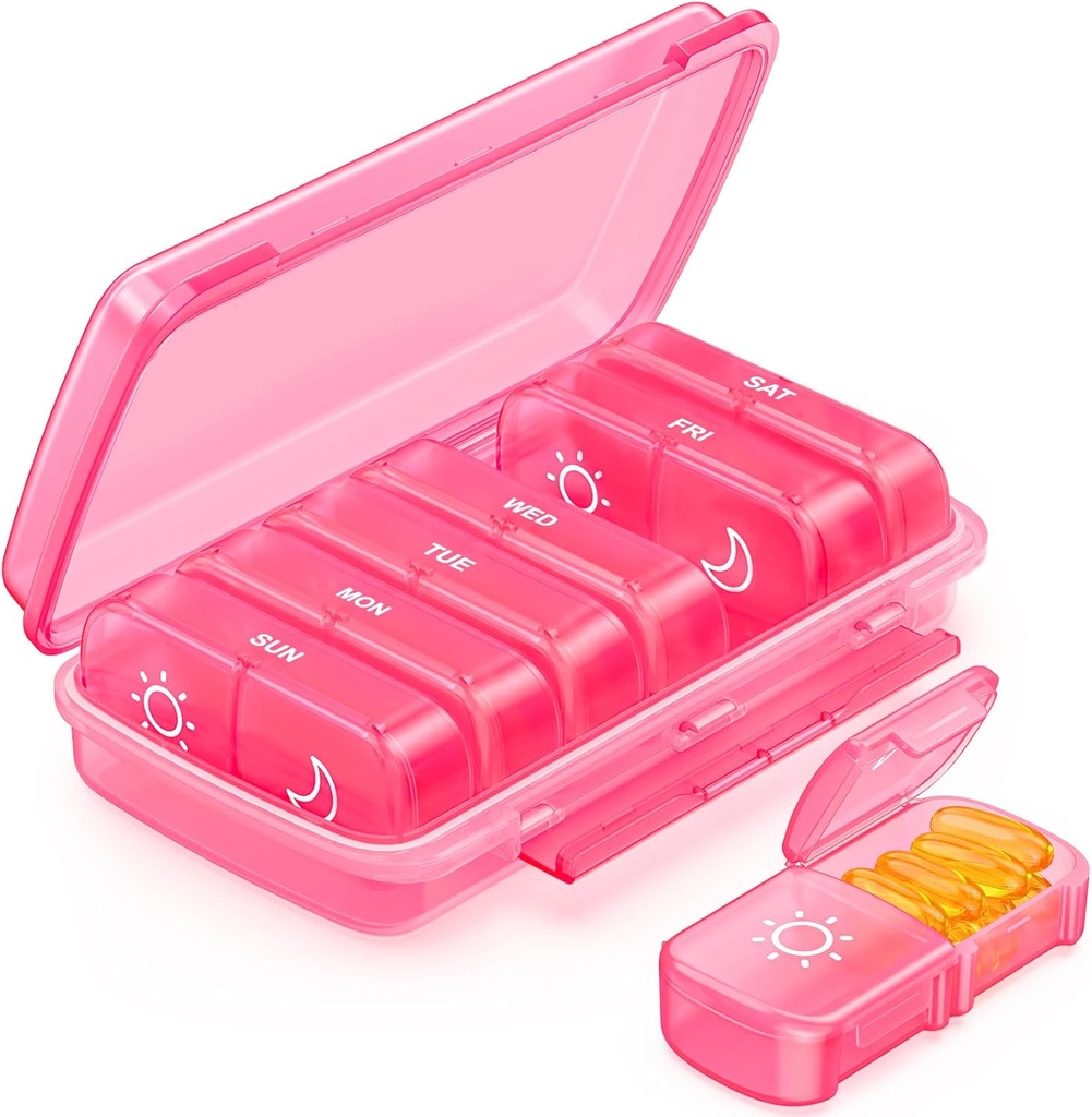 Organizador semanal de píldoras 2 veces al día con diseño resistente a la humedad, Pink AM PM Pill Box 7 Día para el fácil llenado, caja de píldoras portátiles para viajar, gran pill Holder para vitamina, aceite de pescado, suplemento