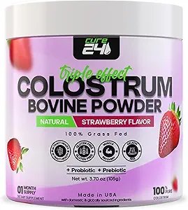 Bovine Colostrum X3 Suplemento Polvo para Humanos, 100% Puro Todo Grass Natural Superfood, High IgG, Plus Probiótico &amp; Prebiótico, Sabor de Fresa Natural, Made in USA