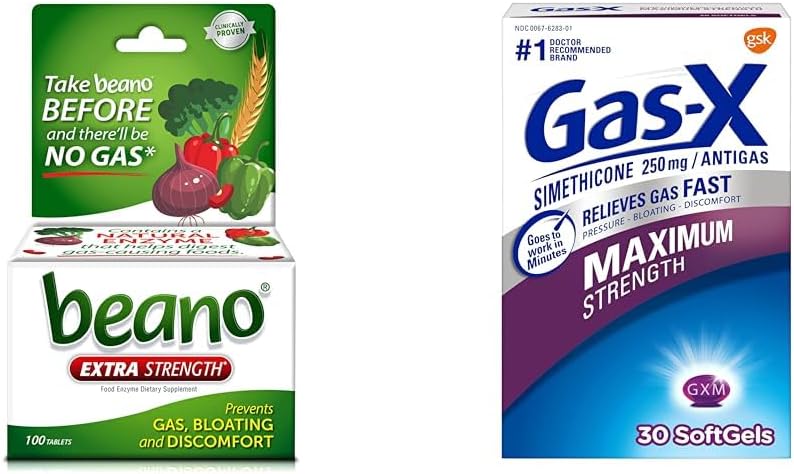 Beano Ultra 800 Cuenta y Gas-X Máxima Fuerza 250mg Simethicone 30 Cuenta Gas Alivio
