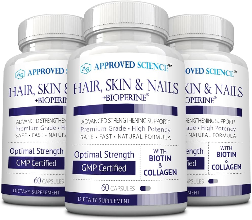 Pelo de Ciencia aprobado, Piel y uñas - Suplemento de soporte - Biotina, Collagen, Complejo de vitamina B, Silica, BioPerina - 180 cápsulas - 3 meses de suministro