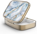 Pill Case Pill Box with Mirror Retro 2 Compartment Small Pill Case for Purse or Pocket Bronze Rectangular Pill Box or Vitamins, Fish Oil, Supplements, Pill Containe Travel Gifts(White Blue Marble)