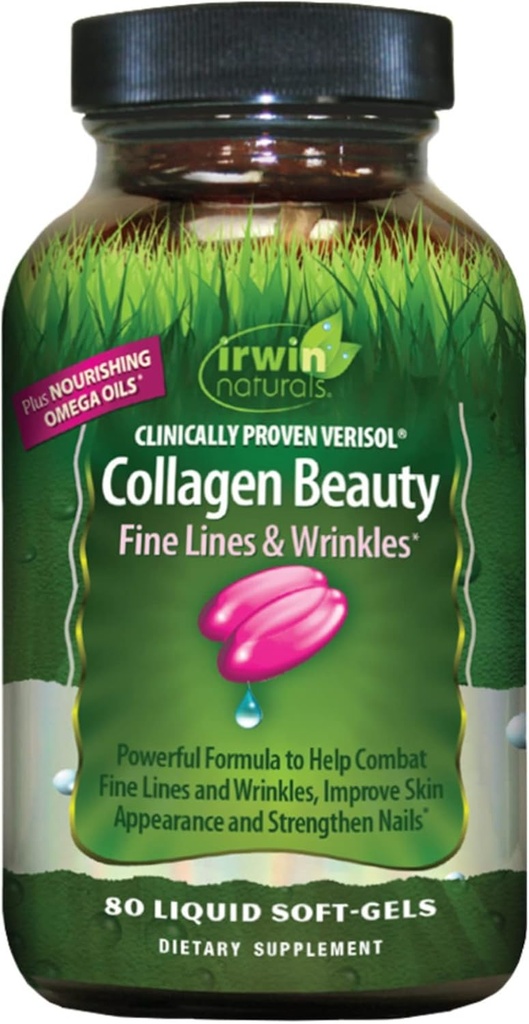 Irwin Naturals Collagen Beauty - 80 Liquid Softgels - Ayuda a combatir las líneas finas " Arrugas, mejora la apariencia de la piel " fortalece las uñas - 13 servicios totales