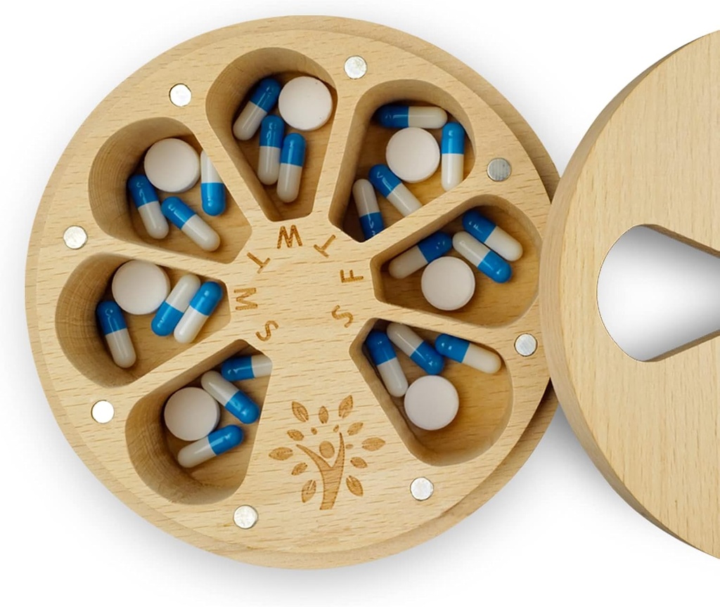 Wood Organizador semanal de píldoras para la medicina Vitamina, Artritis Amable caja de píldoras de 7 días Titular de ingresos medios, caja de carga diaria portátil con bolsa de terciopelo