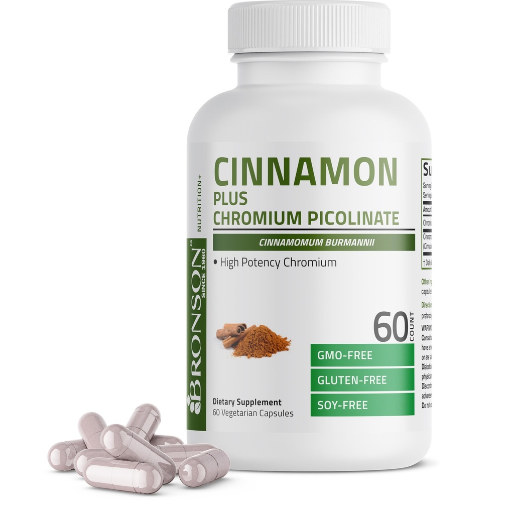 Bronson Cinnamon Plus Chromium Picolinate Supplement, High Potency Chromium, Non-GMO, 60 Vegetarian Capsules