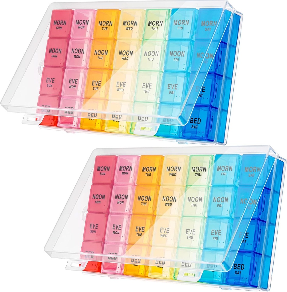 Dandat 2 Pack XL Gran organizador semanal de píldoras 4 veces al día organizador de píldoras mensuales Gran organizador de medicina 28 días caja de píldoras organizador semanal 7 días dispensador de píldoras 4 veces al día